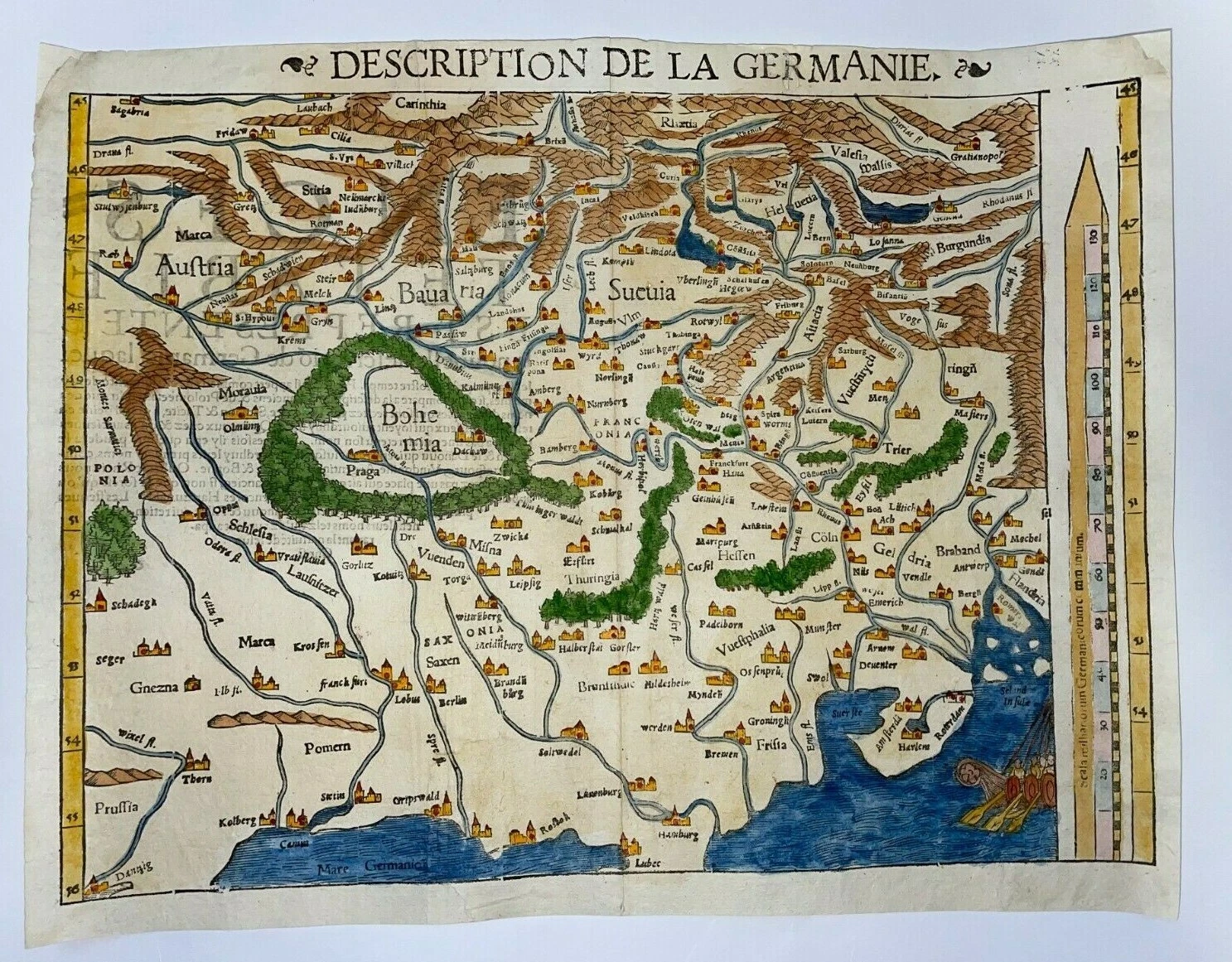 Germany Bohemia 1568 Sebastian Munster Large Antique Map 16th Century