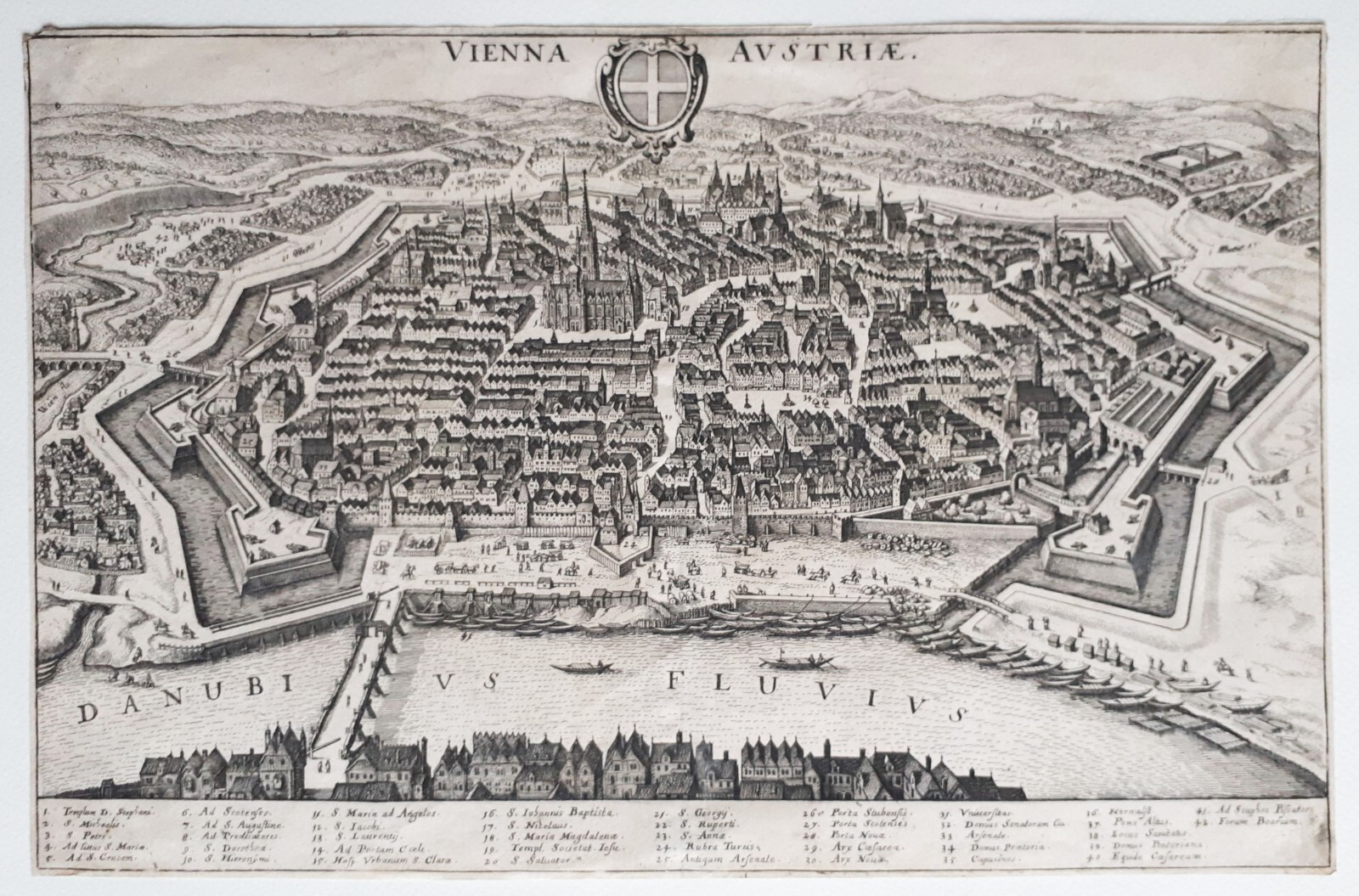 Stampa Antica Originale: Vienna Austriae, Merian Mattheus, 1640 — Inc. Rame